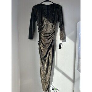ALEXA B NITES RUCHED GOLD‎ GLAM MESH MAXI DRESS V NECK SIZE 4 NWT